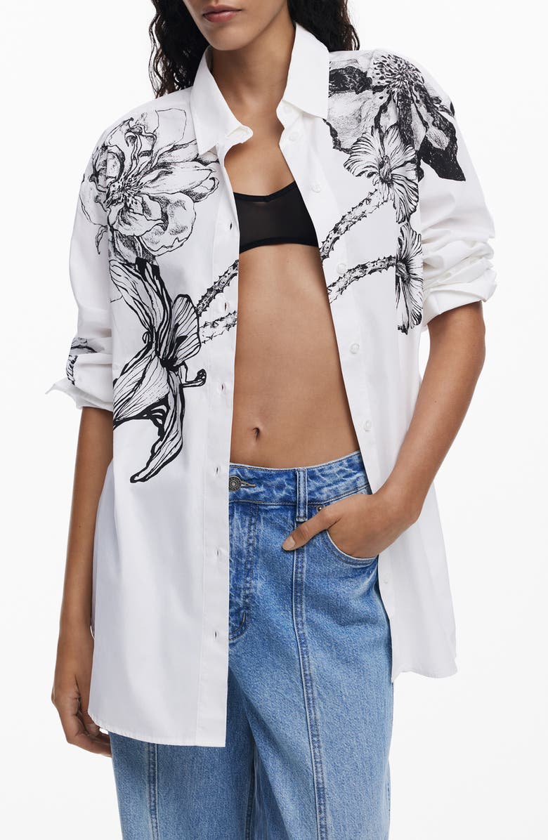 Desigual Placed Floral Cotton Button-Up Shirt, Main, color, White