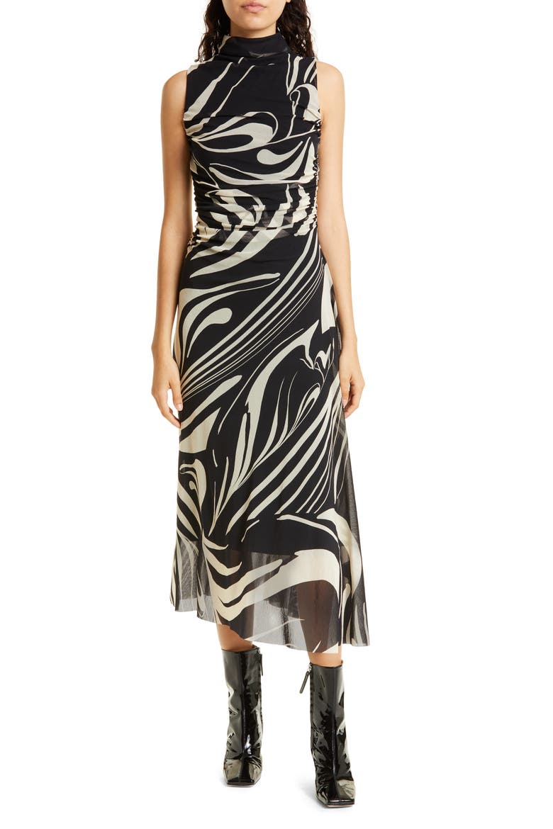 Swirl Print Ruched Mesh Sleeveless Dress, Main, color, NERO