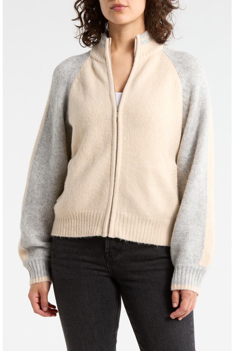 Nolan Colorblock Zip Sweater Bomber Jacket, Main, color, MACADAMIA BEIGE/ GREY