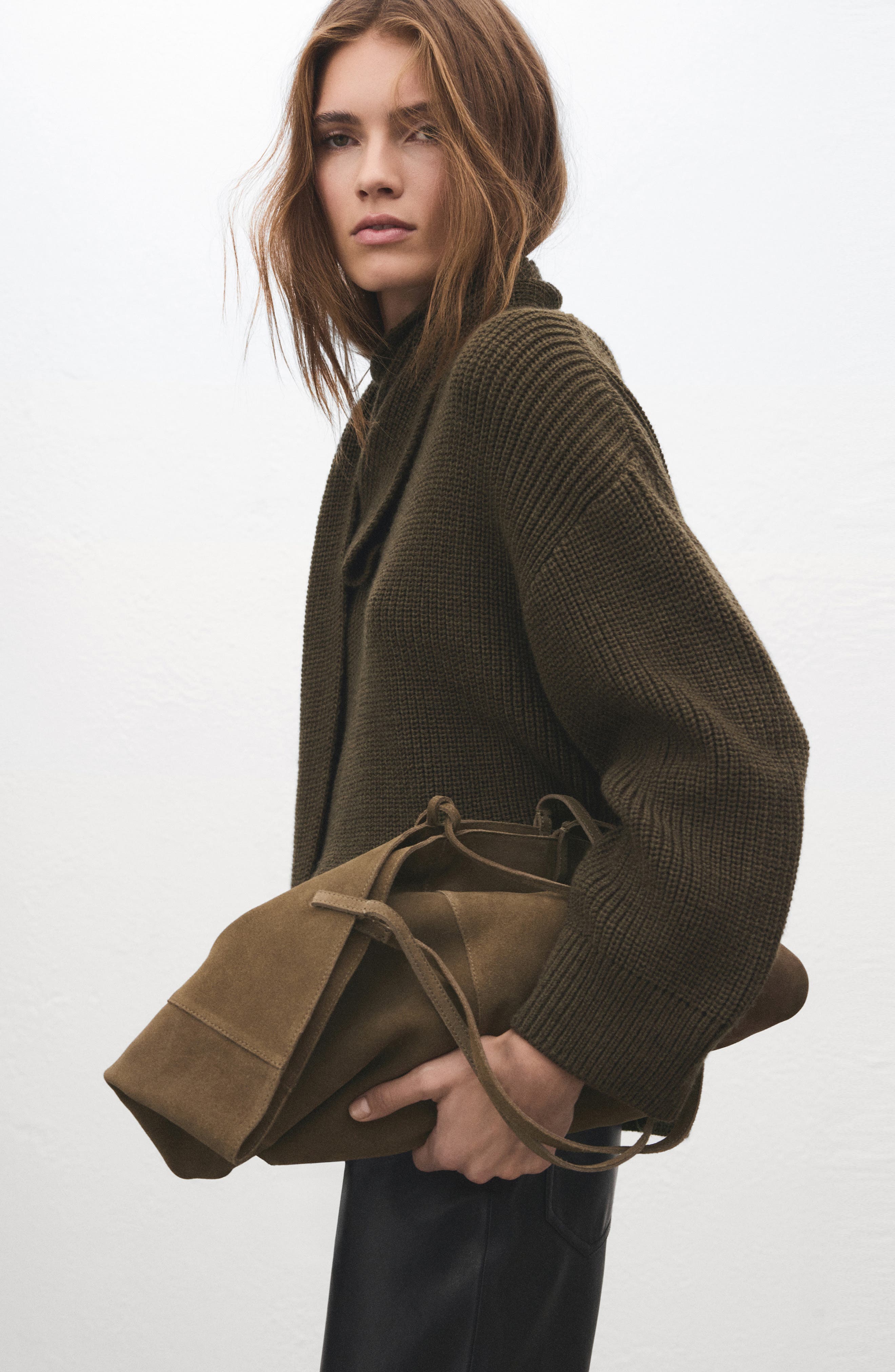 Suede Shopper Bag, Alternate, color, KHAKI GREEN