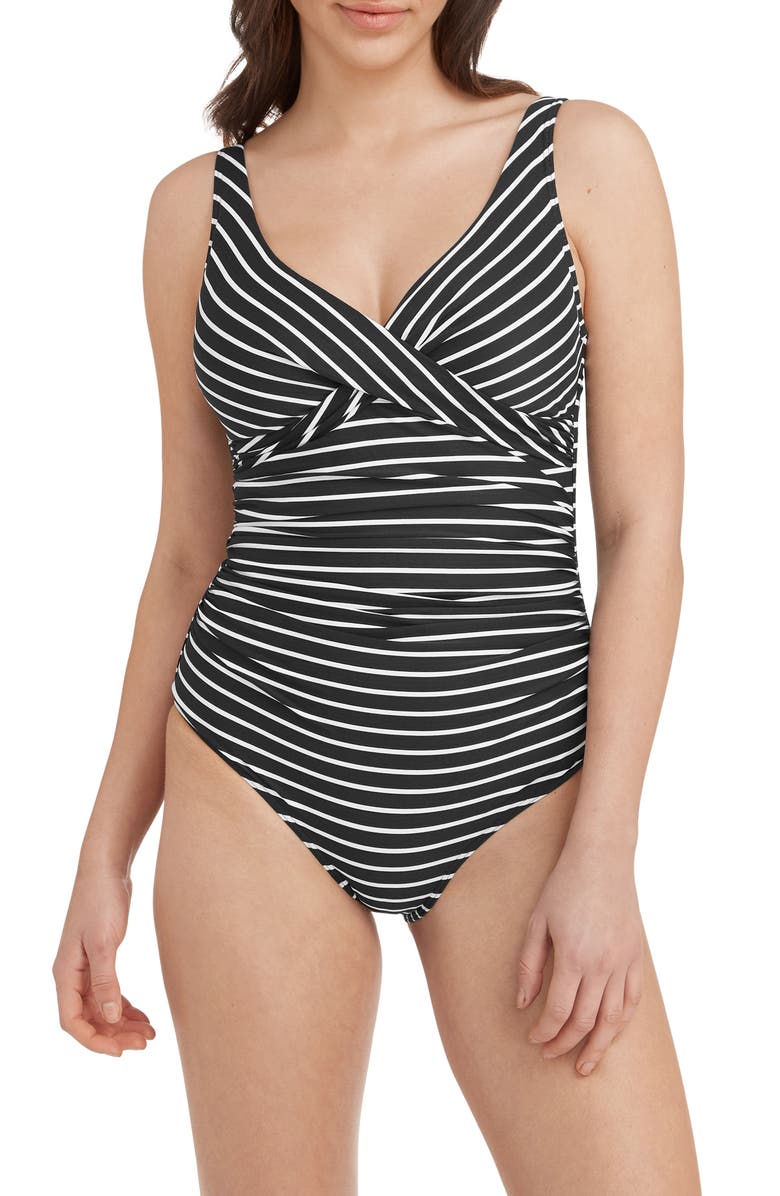 Sea Level Stripe Cross Front Multifit One-Piece Swimsuit, Main, color,