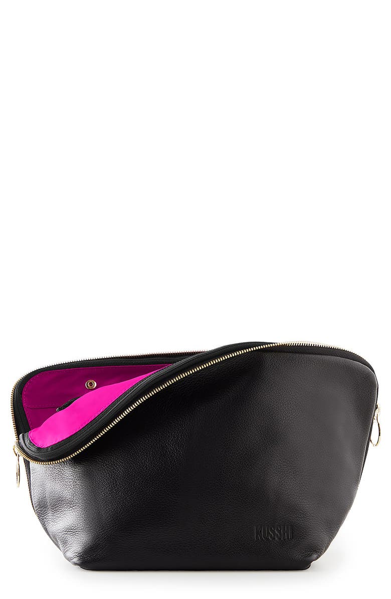 KUSSHI Vacationer Leather Makeup Bag, Main, color, Black Leather/ Pink