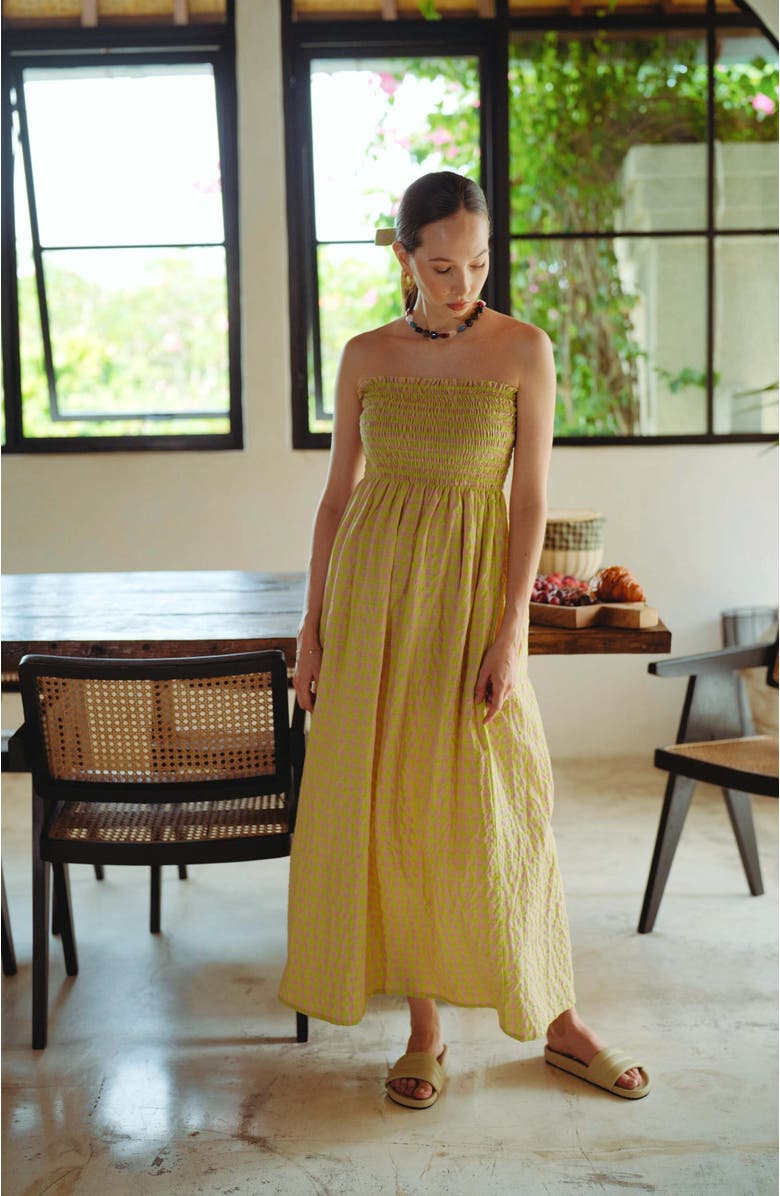 PINK HALEY Ava Strapless Crinkle Gingham Dress in Lemonade, Alternate, color, Yellow