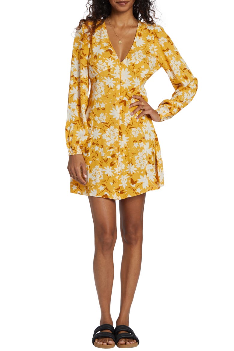 Night Out Floral Long Sleeve Button-Up Dress, Main, color, HAZELNUT