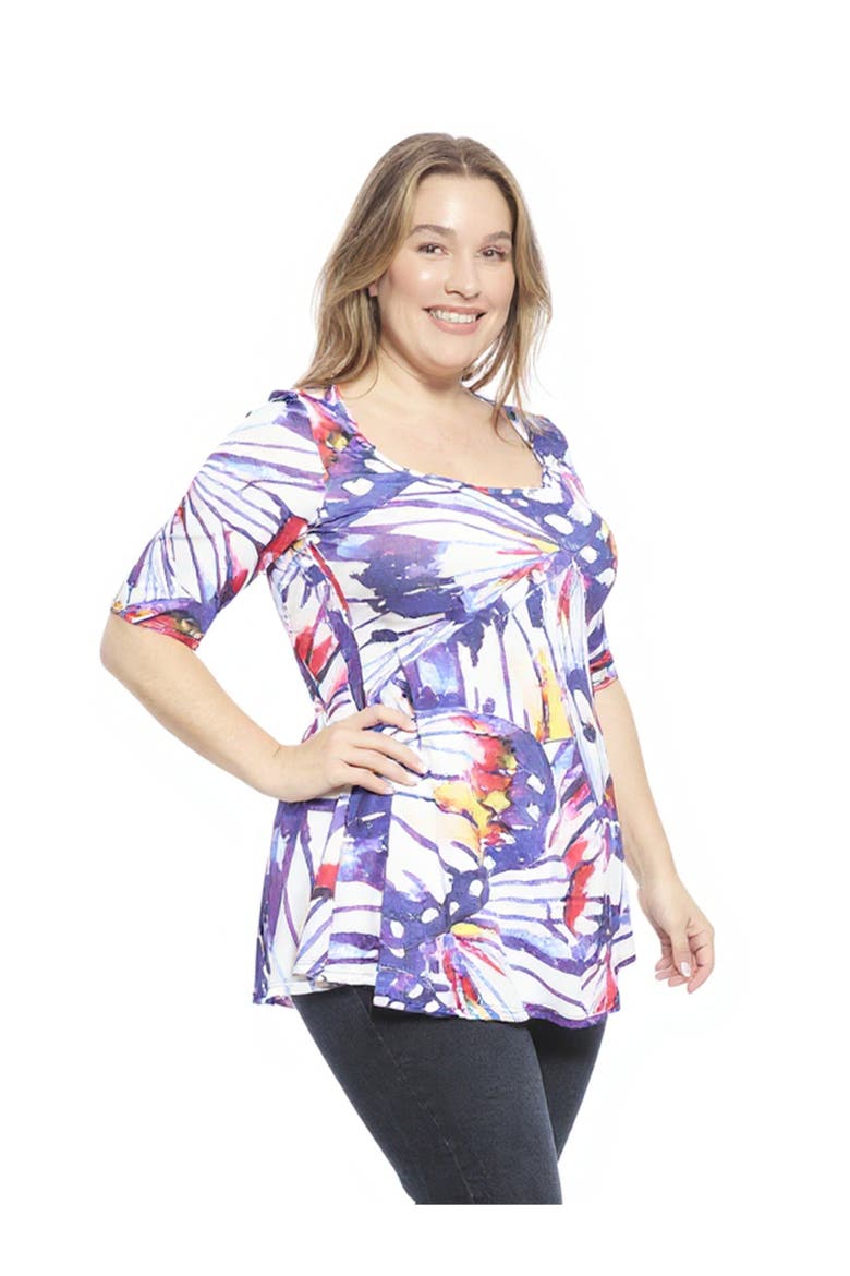 Plus Size Butterfly Scoop Neck Elbow Sleeve Tunic Top, Alternate, color, Purple Multi