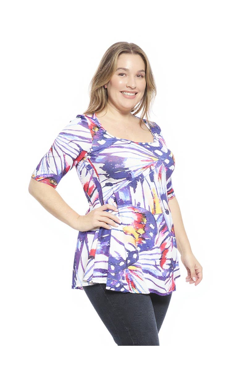 24seven Comfort Apparel Plus Size Butterfly Scoop Neck Elbow Sleeve Tunic Top, Alternate, color, Purple Multi