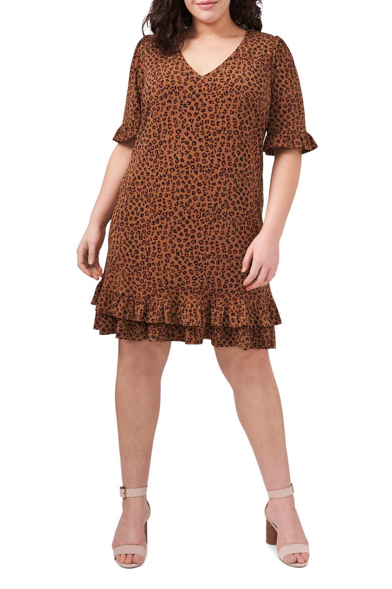 Leopard Print Ruffle Stretch Knit Dress, Main, color, SPICEWOOD