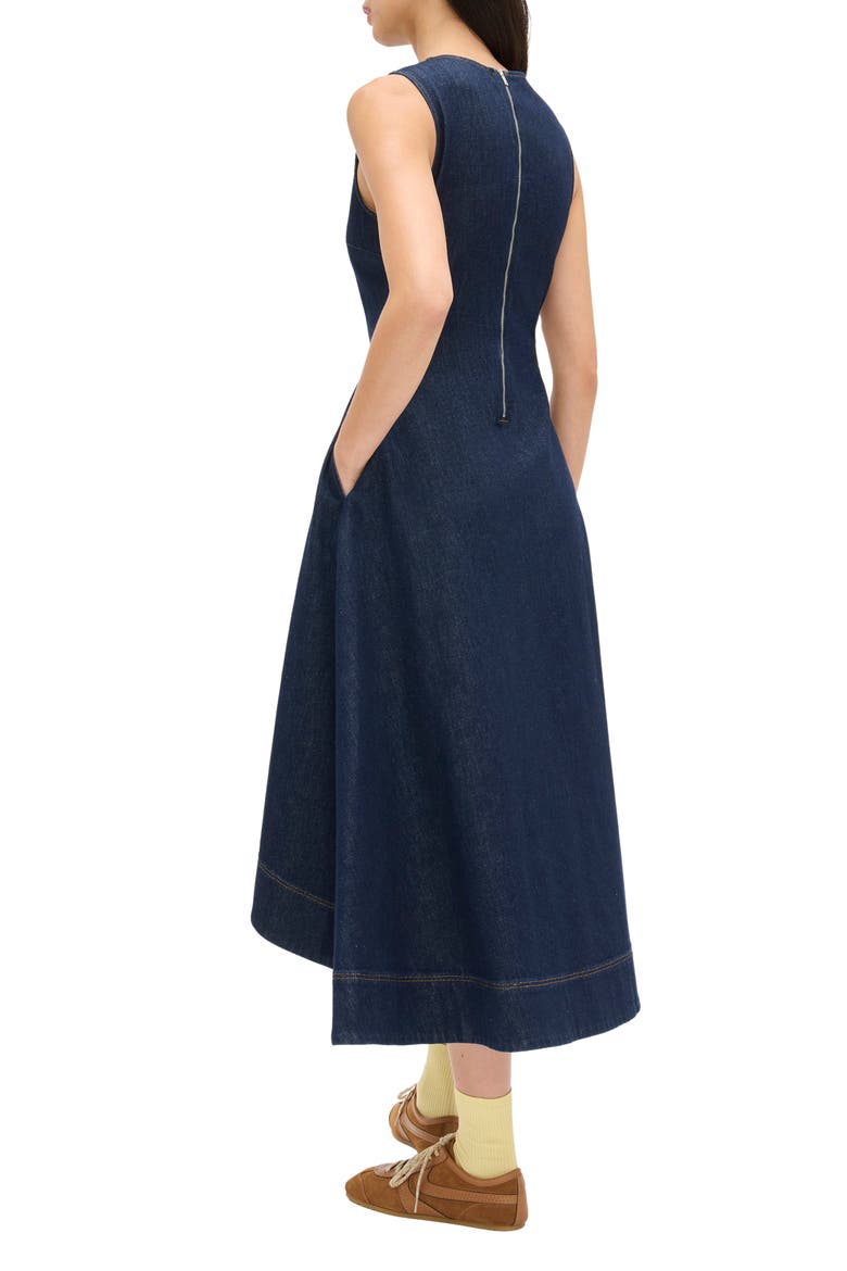 Liberty Asymmetric Sleeveless Stretch Organic Cotton Denim Midi Dress, Alternate, color, INDIGO