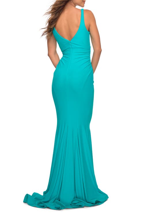La Femme Simple Jersey Gown With Flattering Ruching In Aqua