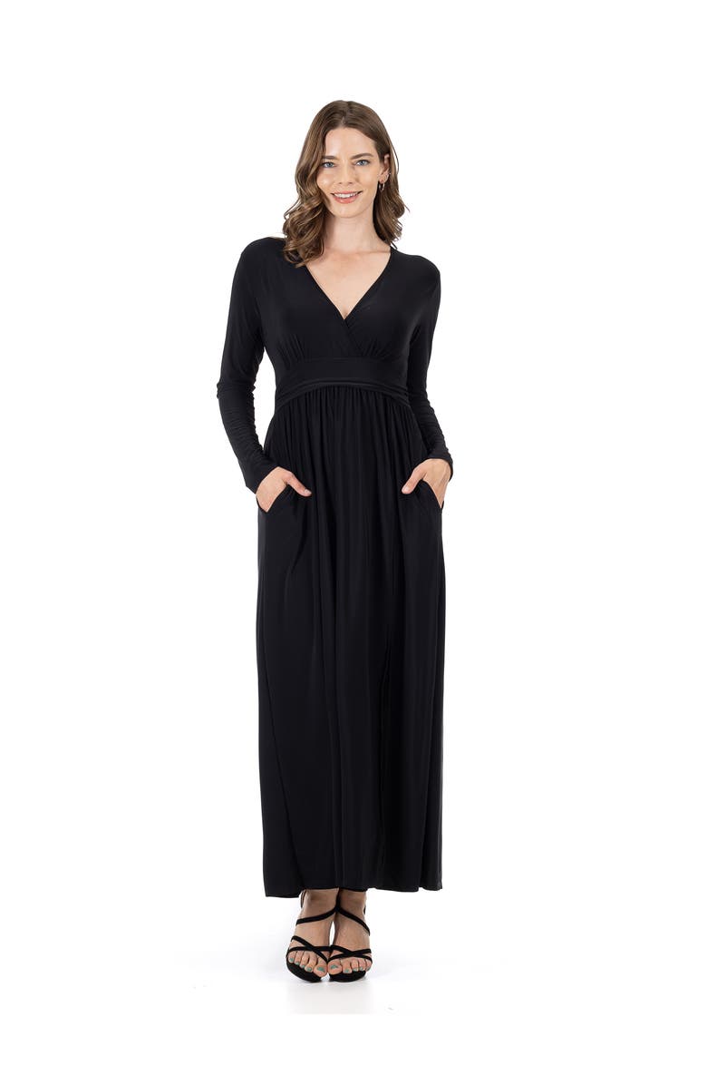 24seven Comfort Apparel Womens Long Sleeve V-neck Side Slit Maxi Dress, Main, color, Black