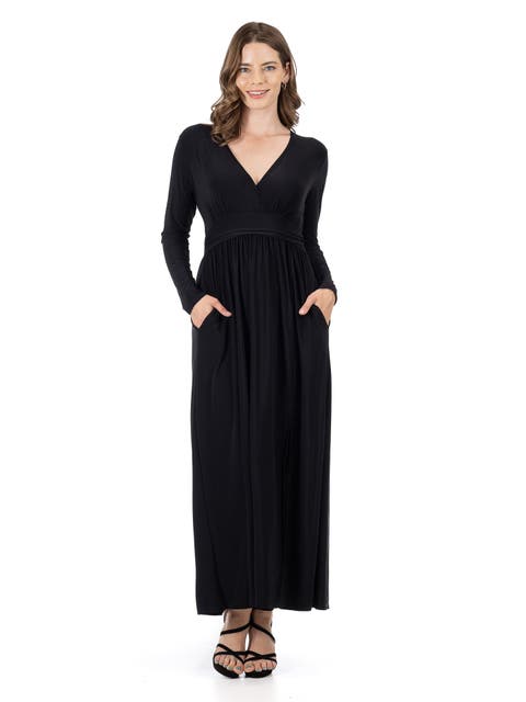 Womens Long Sleeve V-neck Side Slit Maxi Dress
