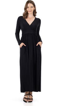 24seven Comfort Apparel Womens Long Sleeve V-neck Side Slit Maxi Dress