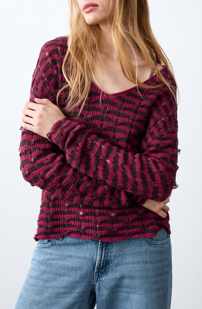 MANGO TEEN Stripe Openwork V-Neck Sweater, Main, color, Cherry