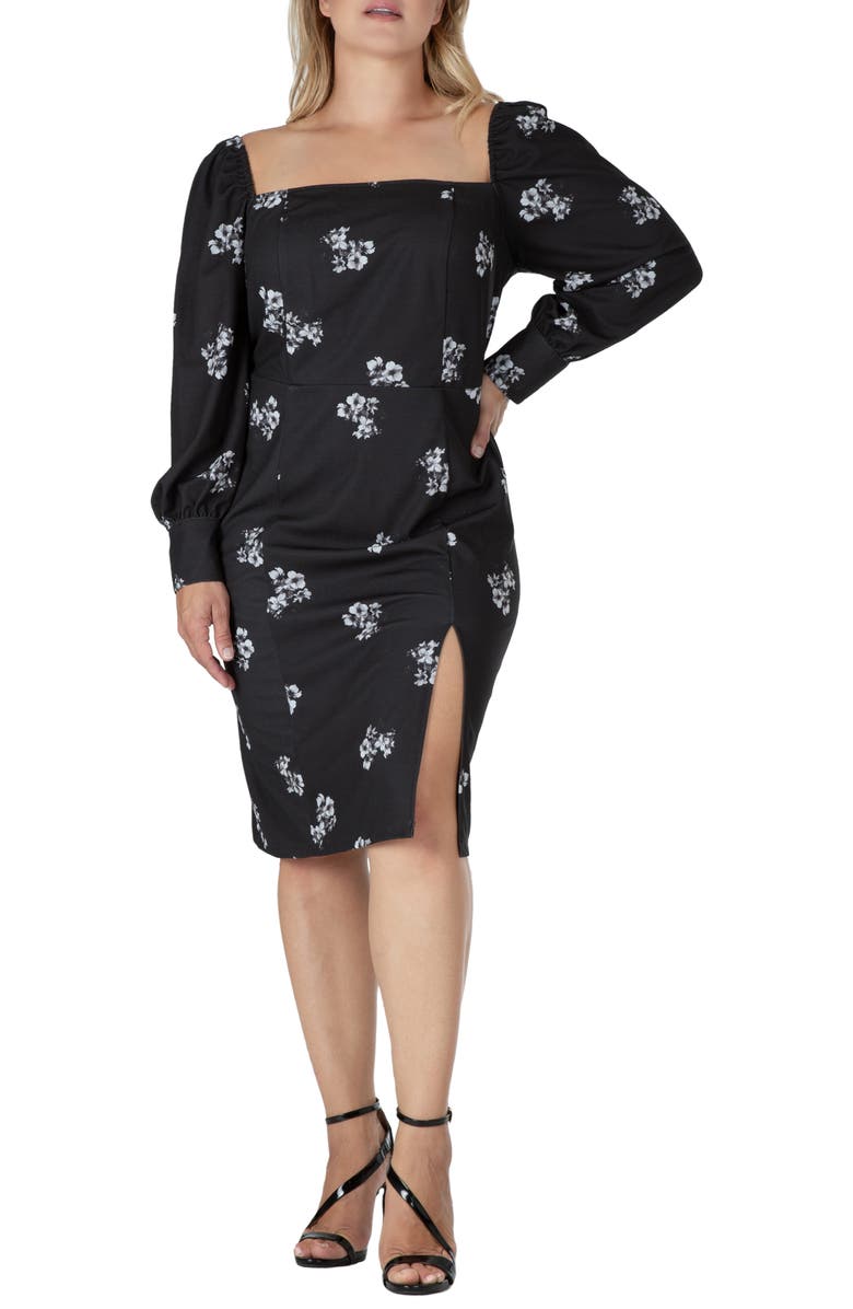 Standards & Practices Floral Ruched Long Sleeve Dress, Alternate, color, Black White Sakura