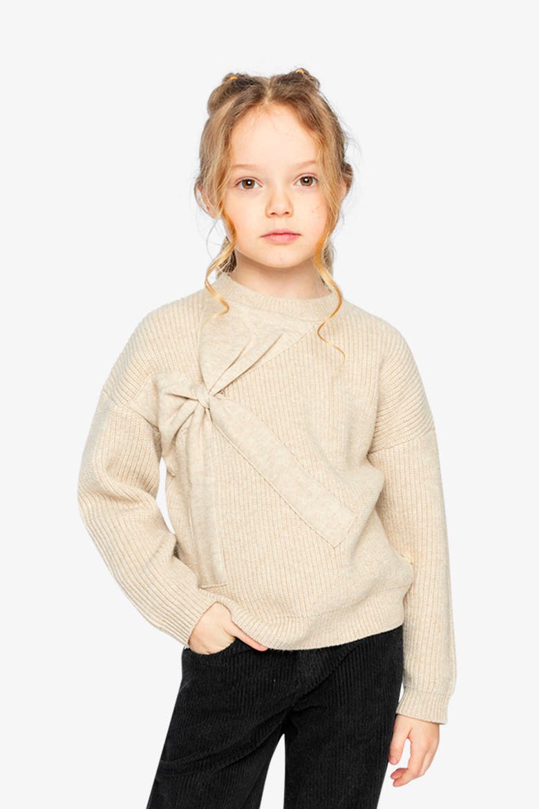 Ribbed Knit Statement Bow Crew Neck Sweater, Alternate, color, Beige