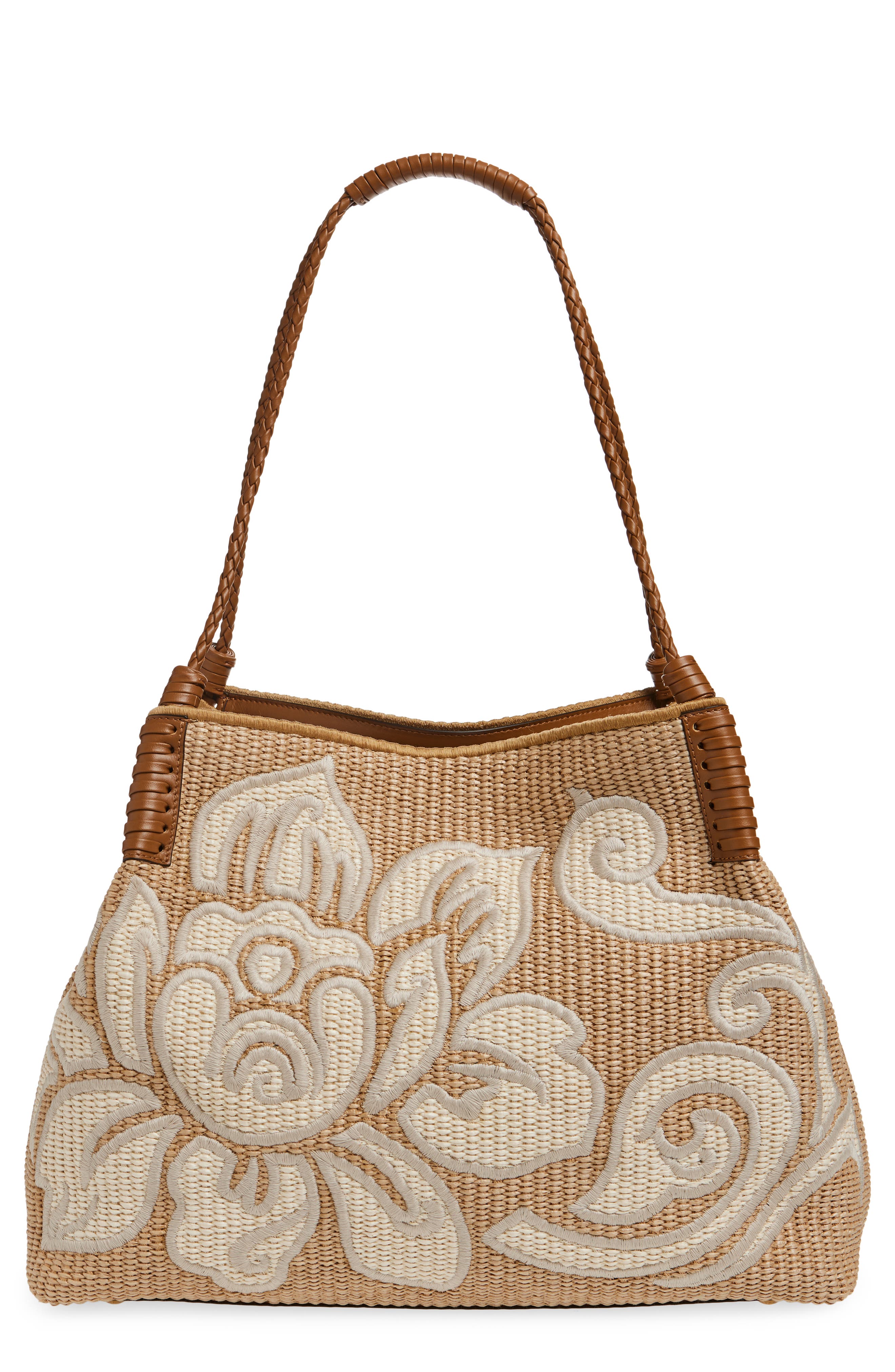 Etro Medium Libra Embroidered Raffia Tote, Main, color, 