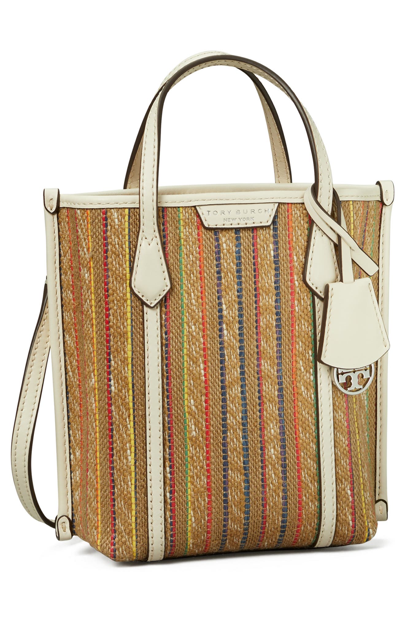 Tory Burch Mini Perry Stripe Raffia Tote, Alternate, color, 