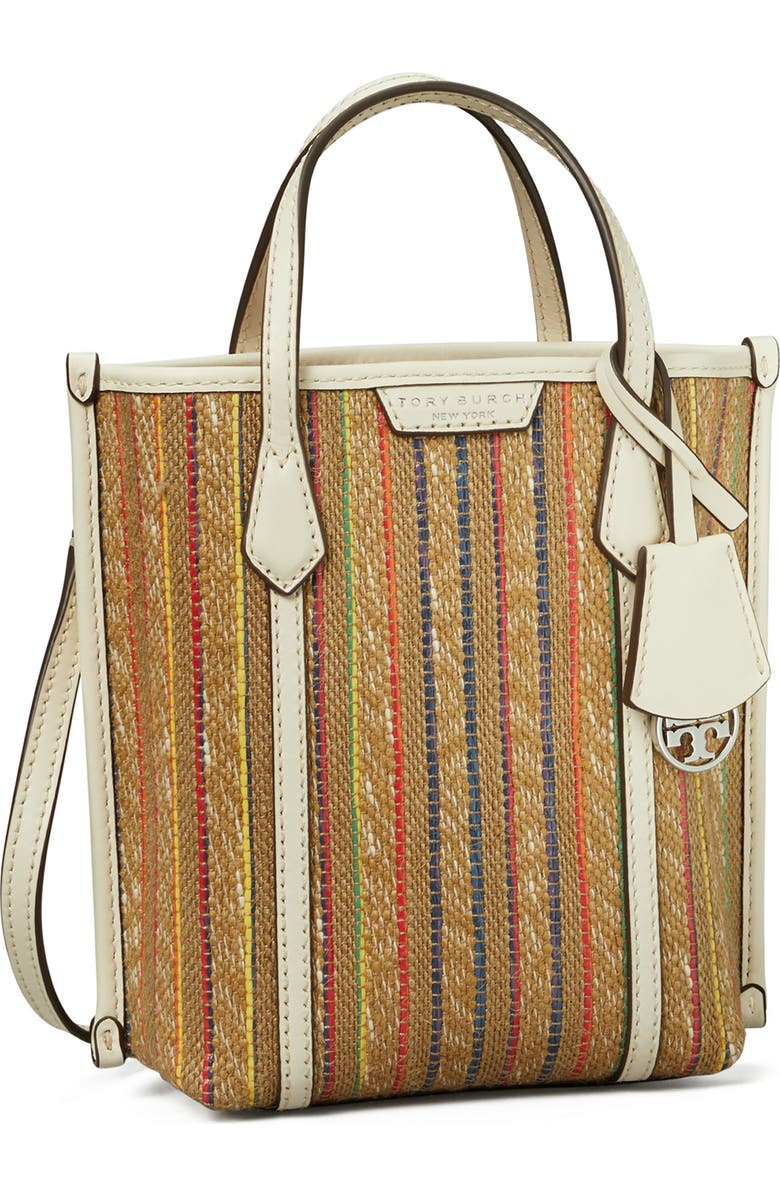 Tory Burch Mini Perry Stripe Raffia Tote, Alternate, color,