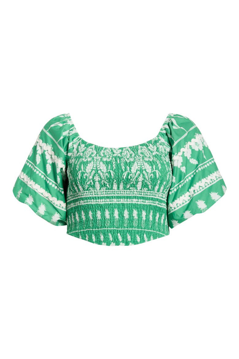 Bubble Sleeve Smocked Crop Top, Alternate, color, GREEN-WHTE