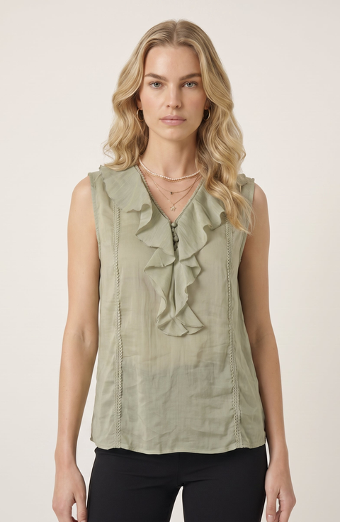 Sleeveless Ruffle Front Blouse with Lace Inset Trim and V Neckline