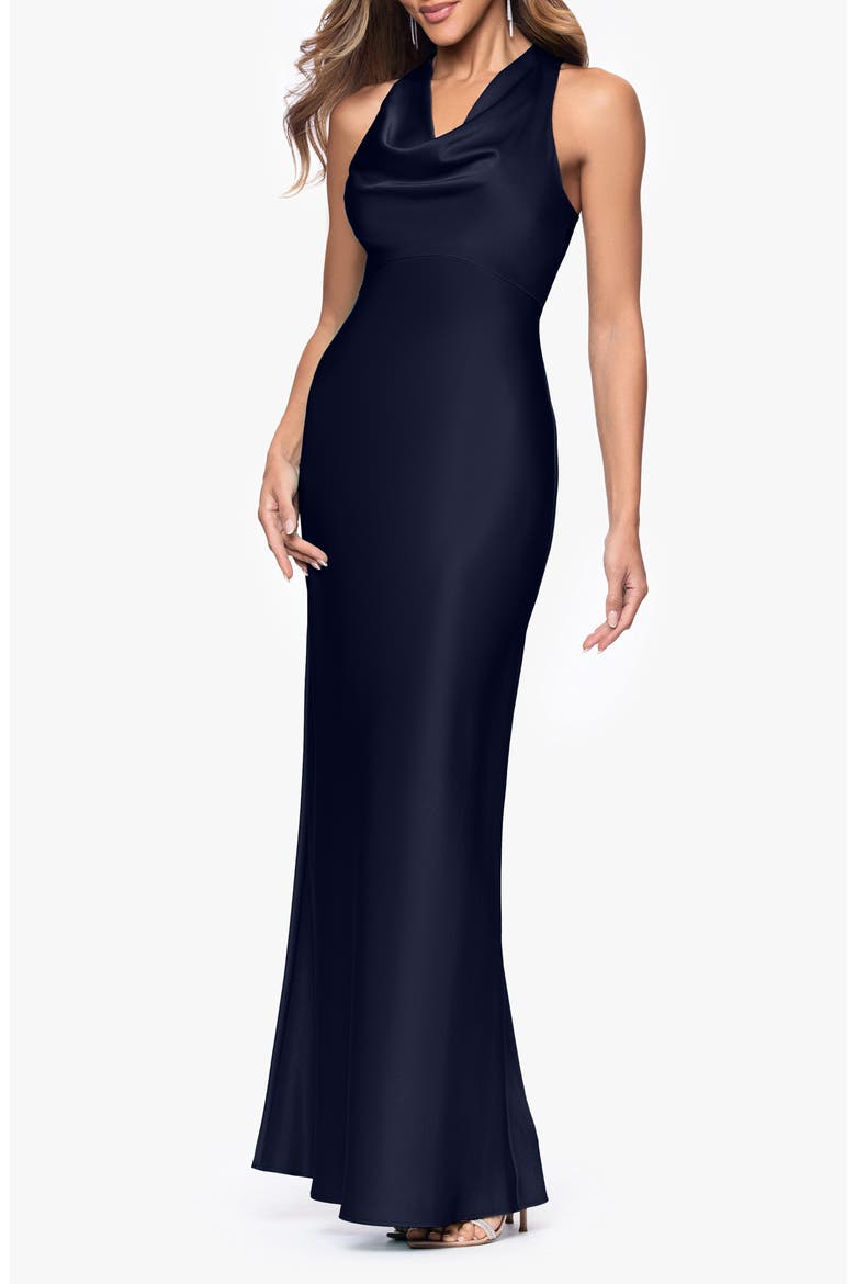 Cowl Neck Satin Gown, Main, color, NAVY
