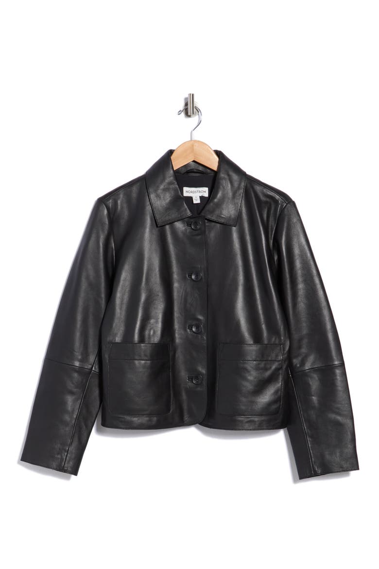 Cropped Patch Pocket Leather Jacket, Alternate, color, BLACK