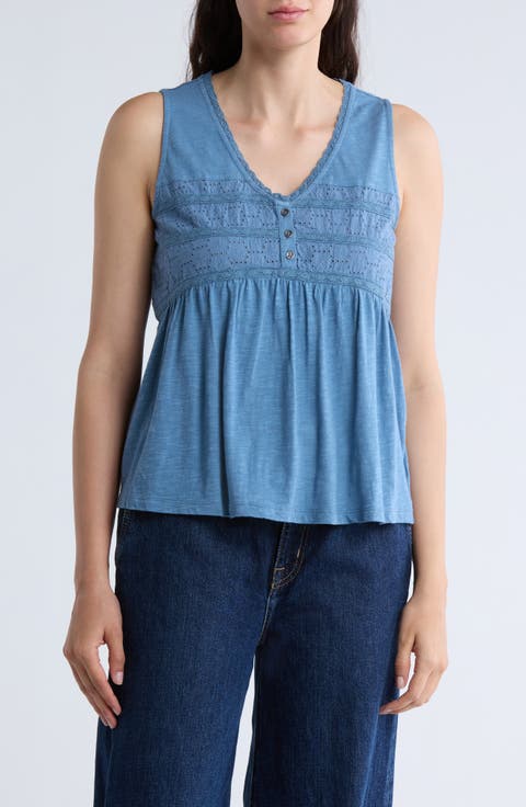 Lace Trim Cotton Blend Henley Tank