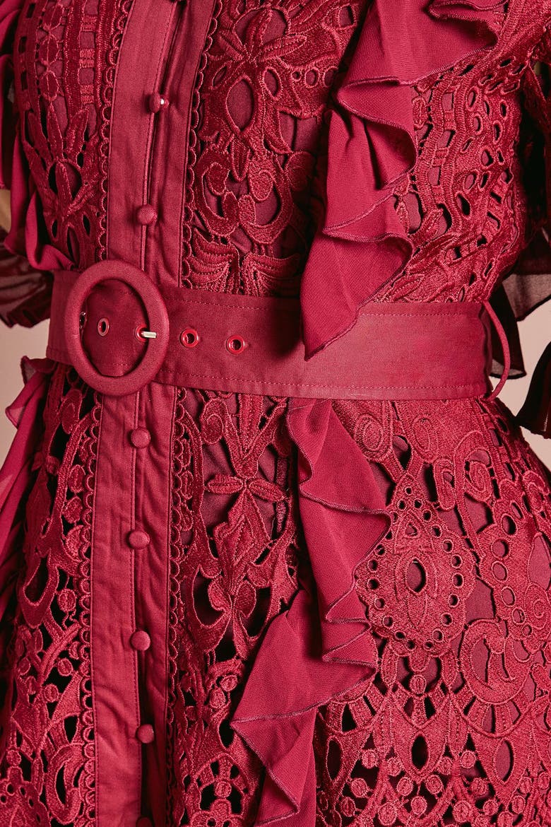 Lace Ruffle Shirt Dress, Alternate, color, Burgundy