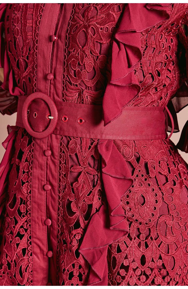 Coast Lace Ruffle Shirt Dress, Alternate, color, Burgundy