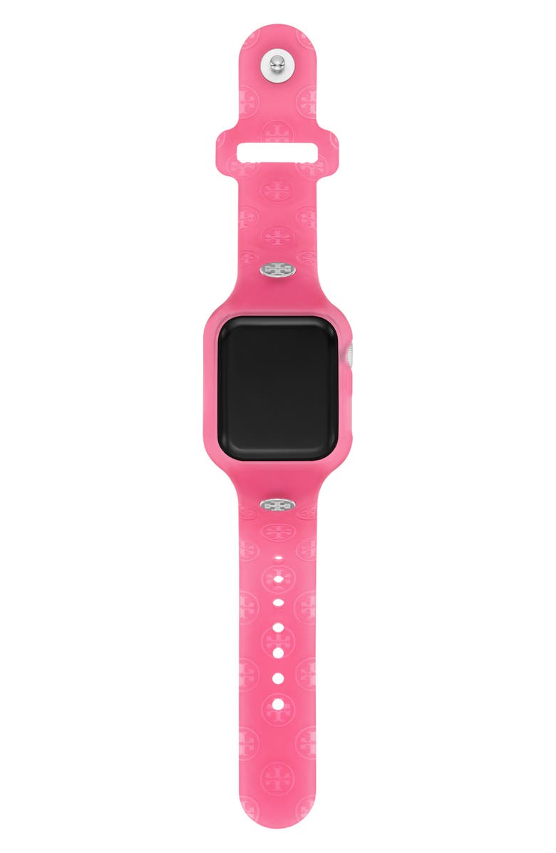 Tory Burch T Monogram Silicone Apple Watch<sup>®</sup> Watchband, 41mm, Alternate, color, Raspberry Pink
