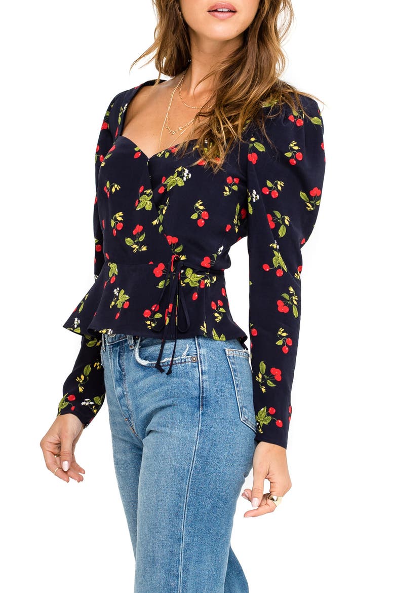Sweetheart Wrap Front Top, Alternate, color, NAVY CHERRY PRINT