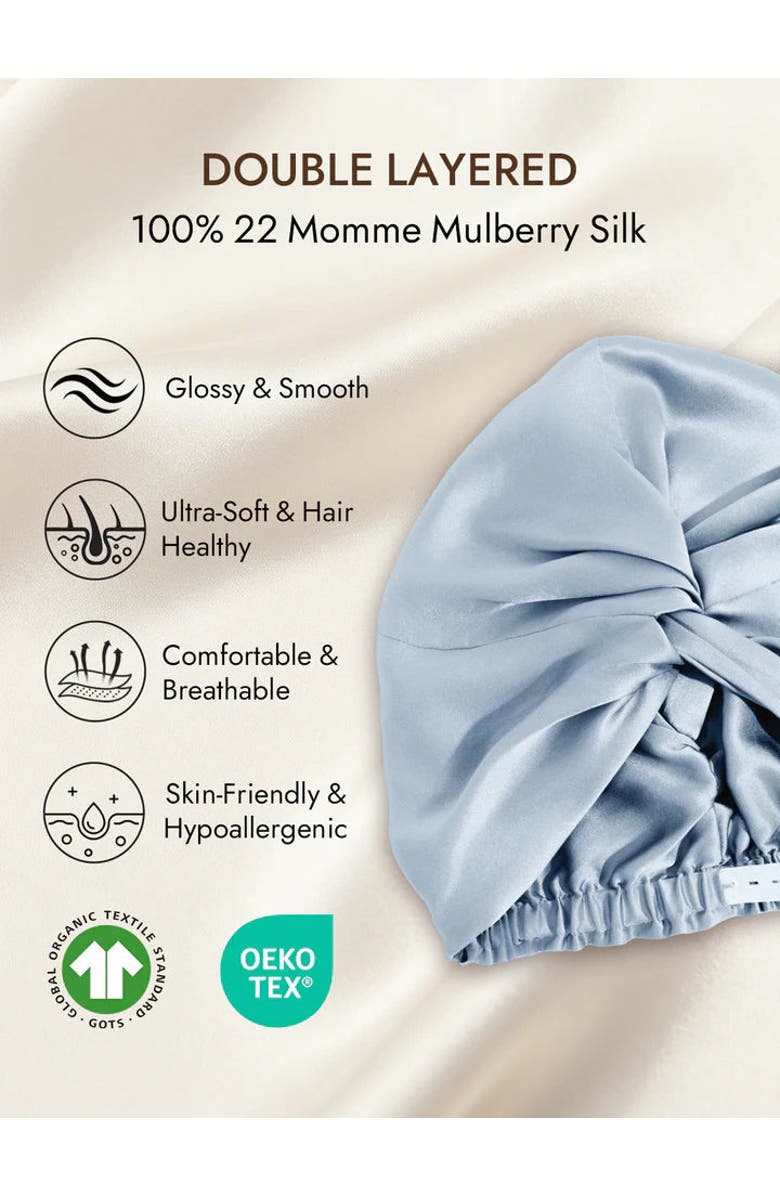SILKSILKY 22Momme Pure Silk Knot Front Hair Bonnet with Adjustable Button Design, Alternate, color, Steelblue