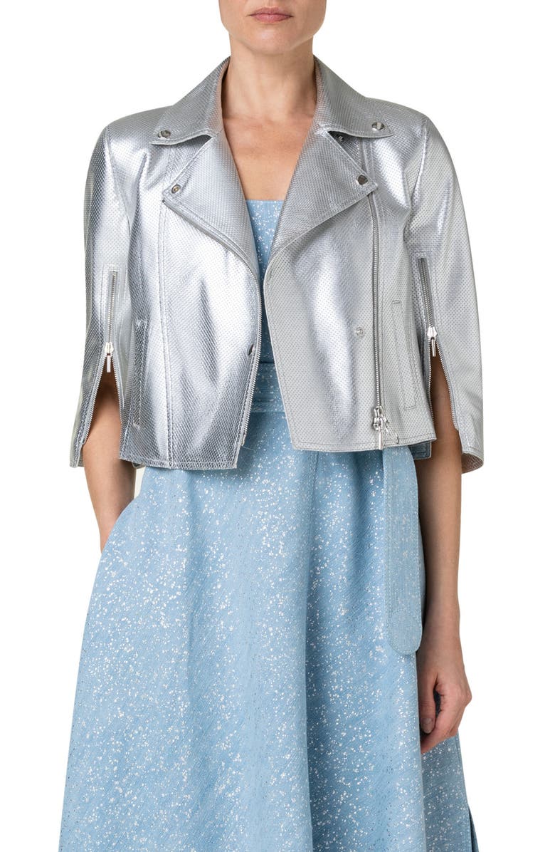 Akris punto Pin Dot Perforated Metallic Lambskin Leather Biker Jacket, Main, color,