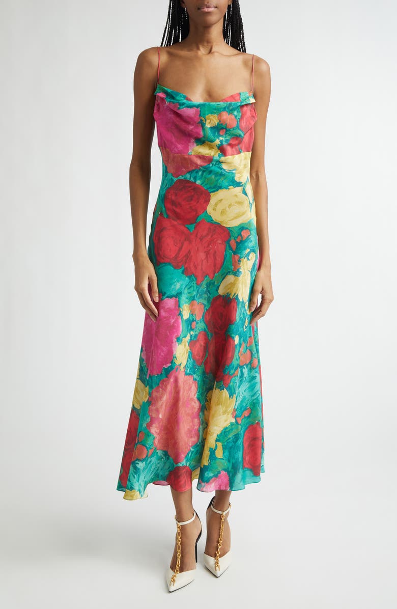 Balmain Rose Print Silk Crêpe de Chine Slipdress, Main, color, Ulj Green/ Multi
