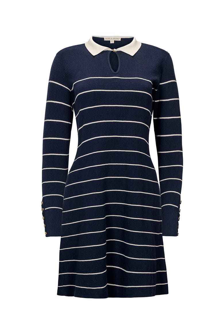 Organic Long Sleeve Collared Sweater Dress, Alternate, color, Navy Breton Stripe