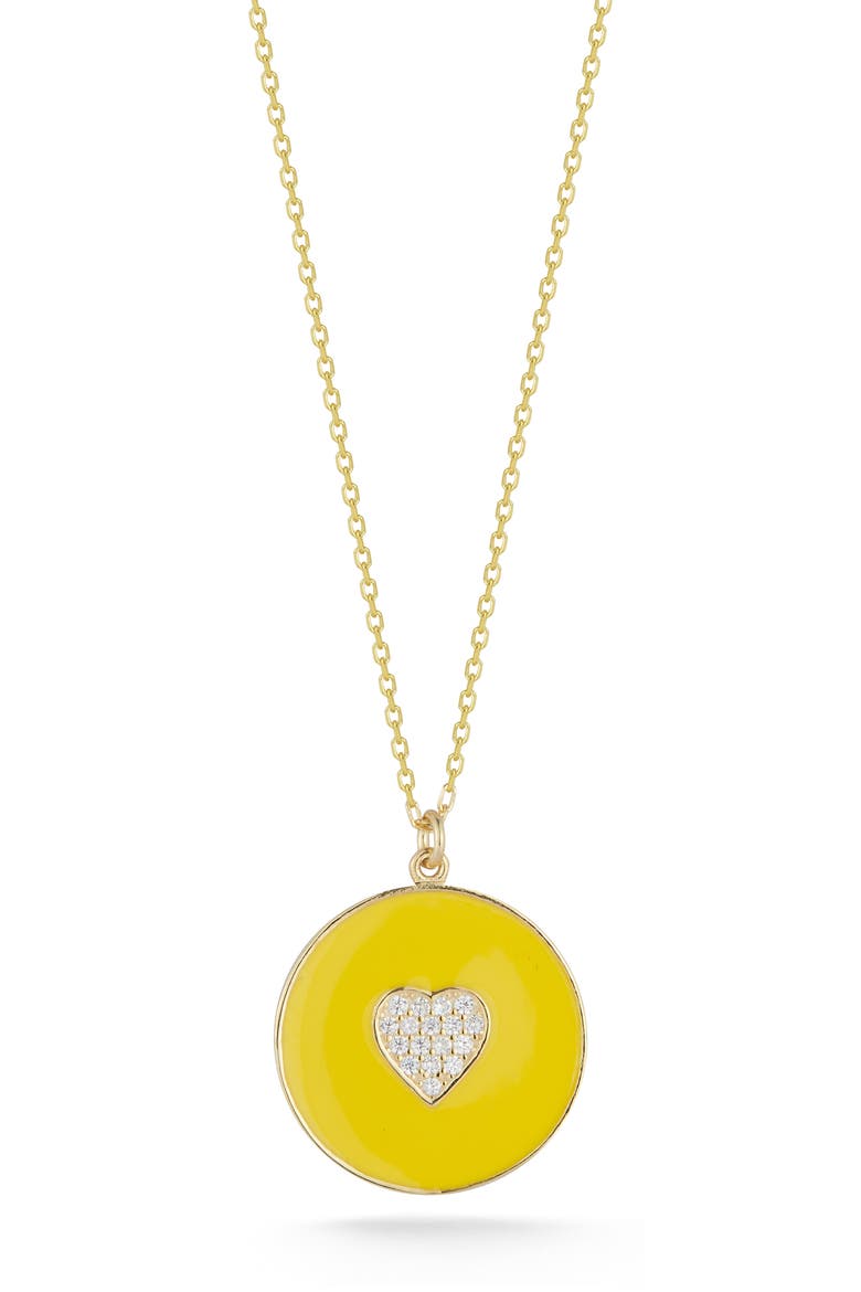 Pavé Cubic Zirconia Heart Enamel Disc Pendant Necklace, Main, color, GOLD