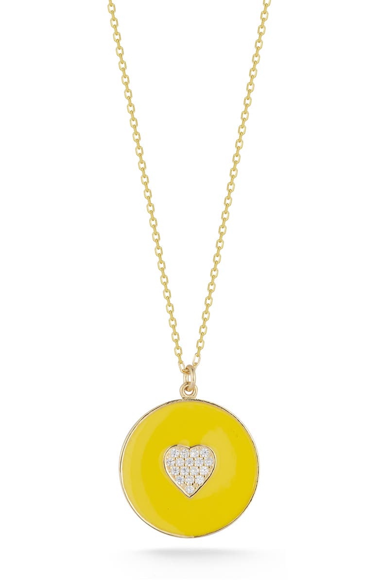 SPHERA MILANO Pavé Cubic Zirconia Heart Enamel Disc Pendant Necklace, Main, color, Gold