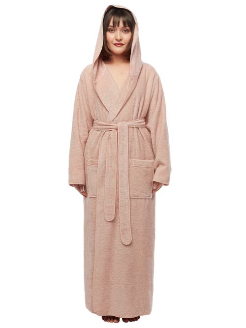 Arus Ankle Length Long Cotton Robe With Hood In Pink