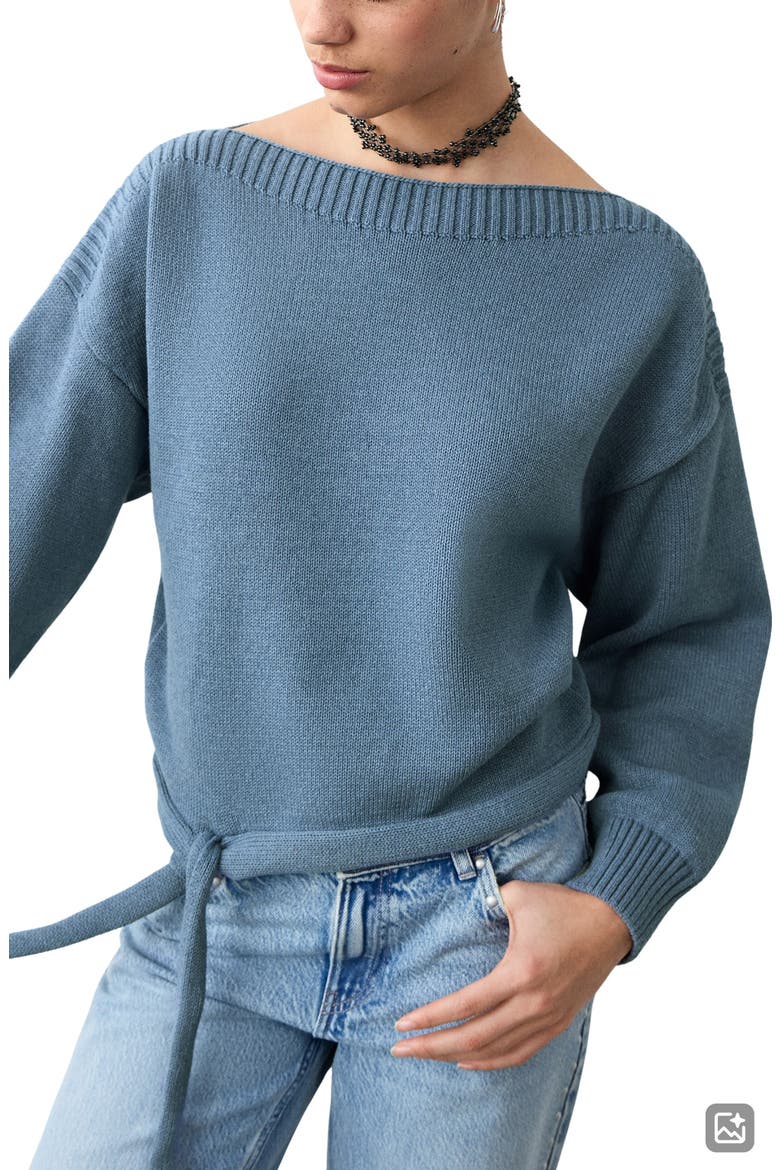 Boat Neck Tie Hem Cotton Blend Sweater, Main, color, BLUE
