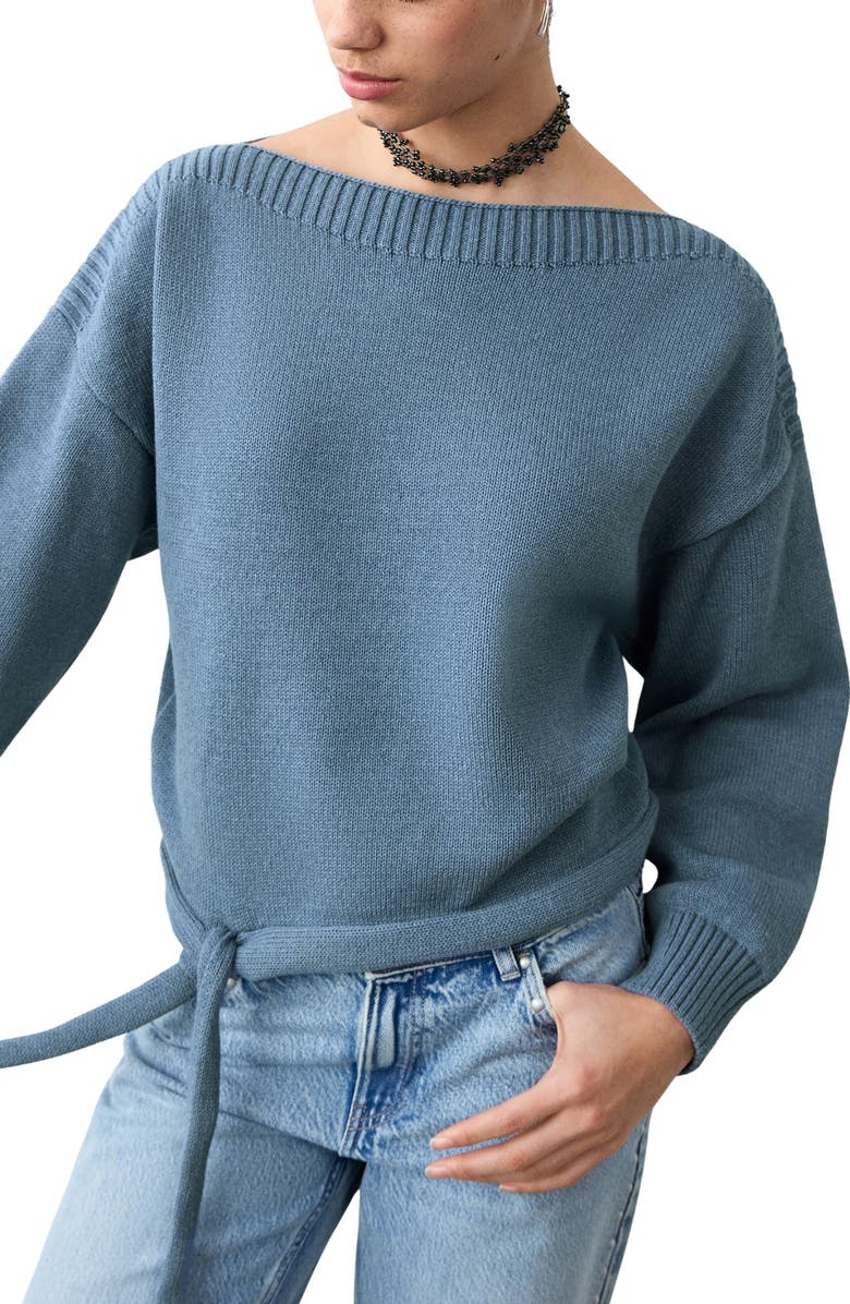 MANGO TEEN Boat Neck Tie Hem Cotton Blend Sweater, Main, color, 