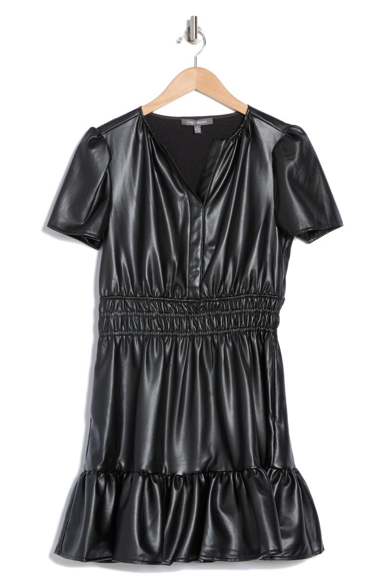 Grey Collective Split Neck Short Sleeve Faux Leather Minidress, Alternate, color, 