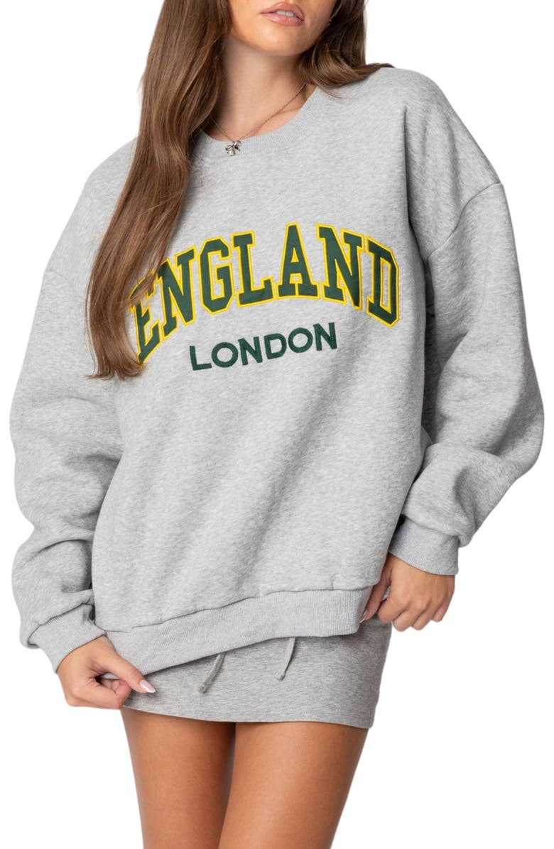 EDIKTED England Embroidered Fleece Sweatshirt, Main, color, Gray-Melange