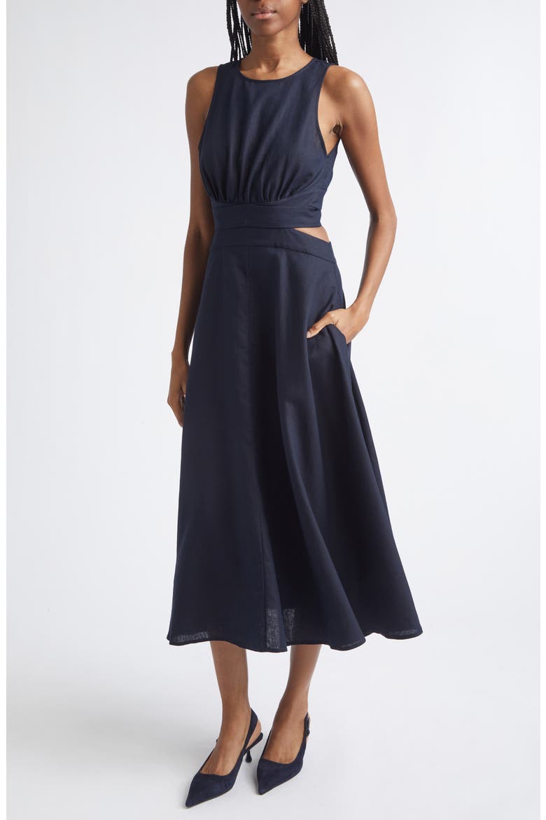 Hazel Cutout Detail Linen & Cotton Dress, Alternate, color, NAVY