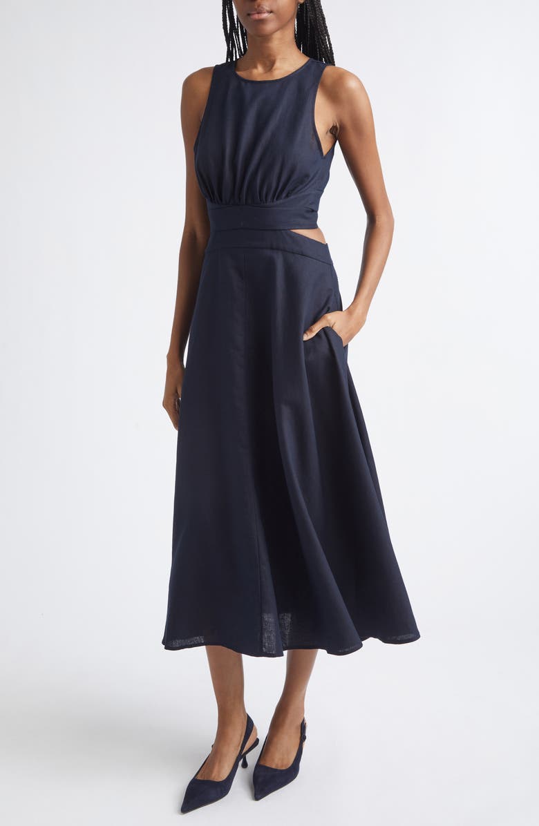 Reiss Hazel Cutout Detail Linen & Cotton Dress, Alternate, color, Navy