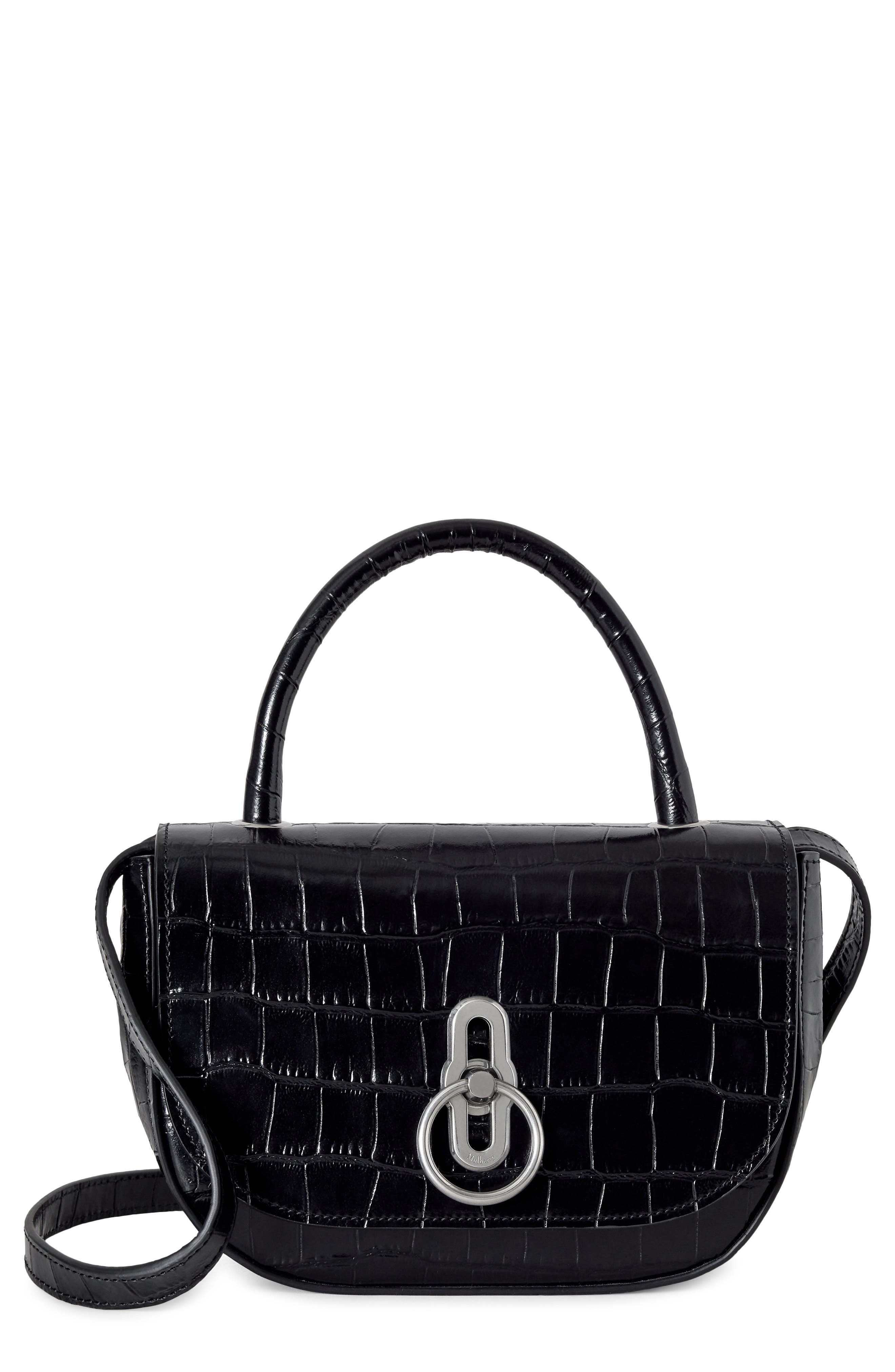 Mulberry Small Amberley Croc Embossed Patent Leather Top Handle Bag, Main, color, Black
