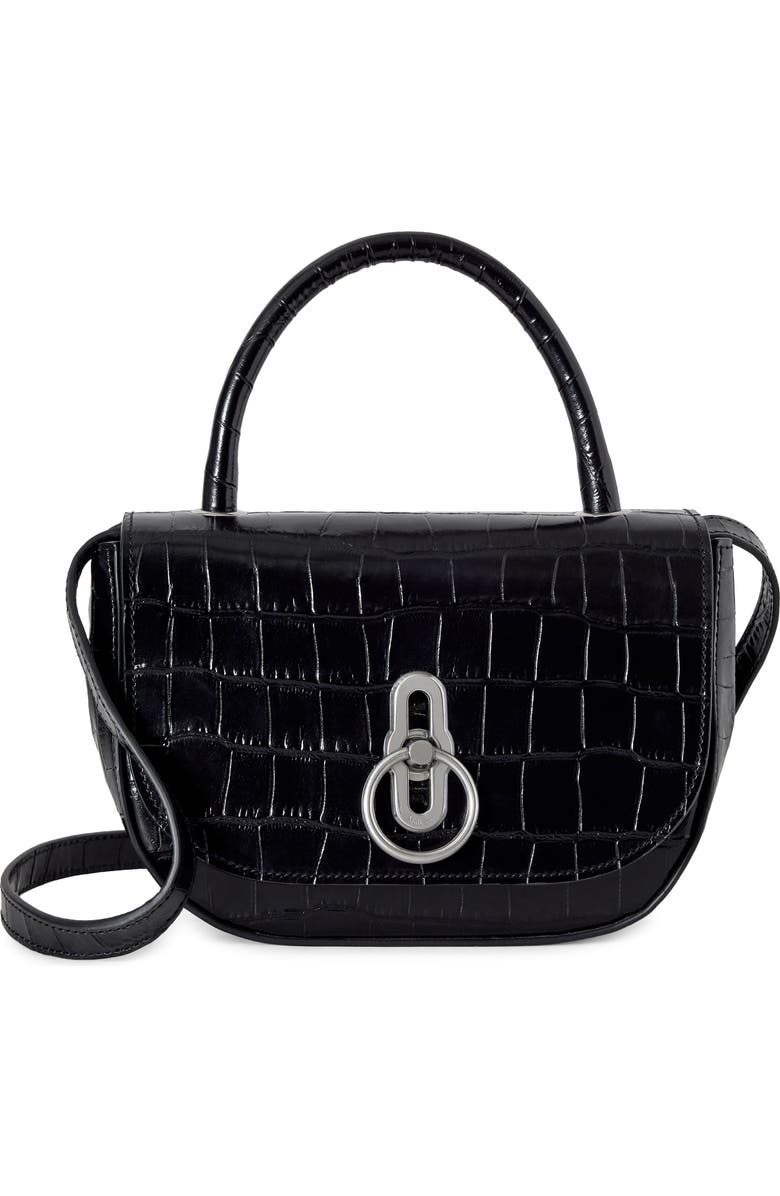 Mulberry Small Amberley Croc Embossed Patent Leather Top Handle Bag, Main, color, Black