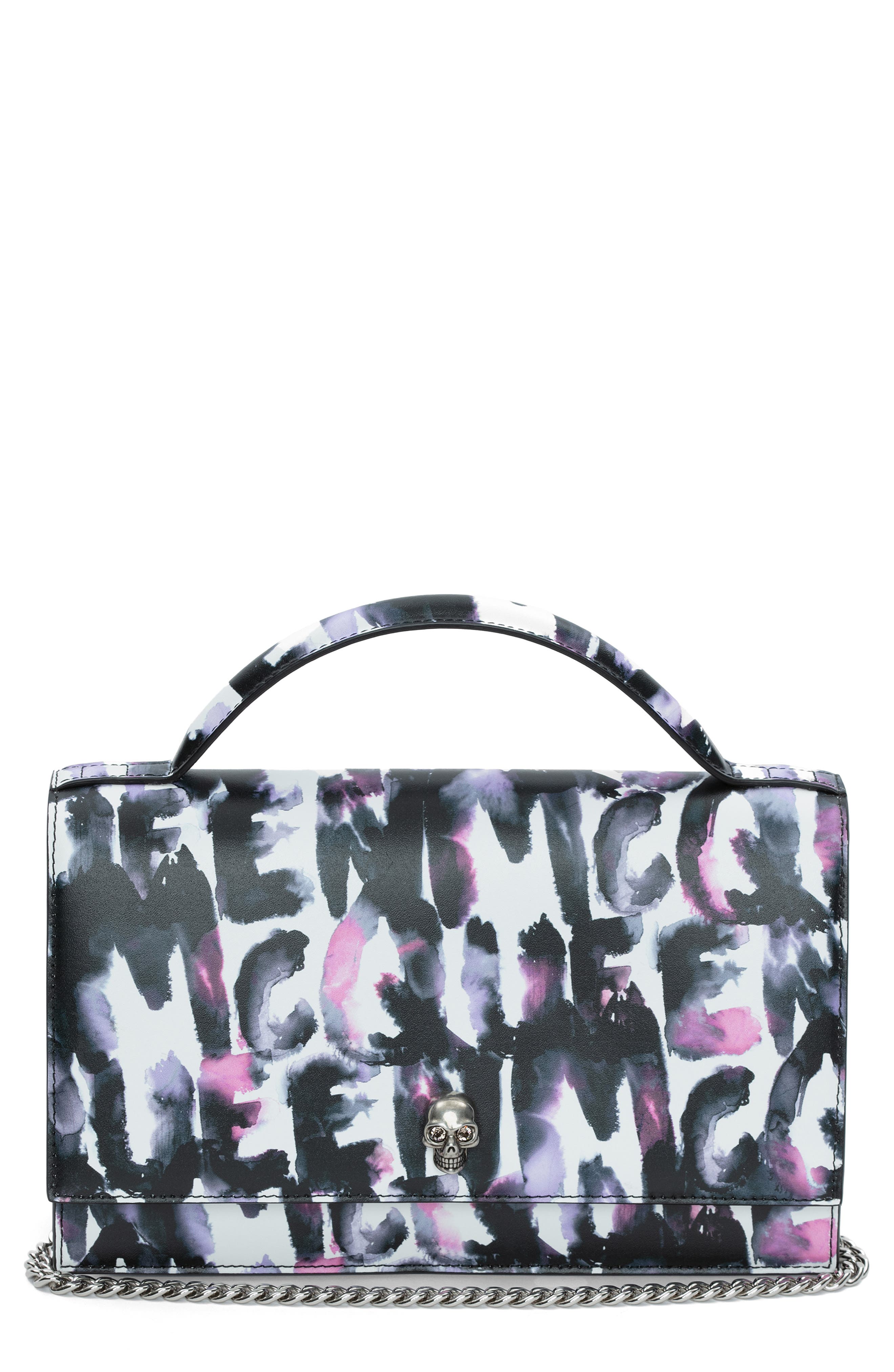 McQueen Medium Skull Watercolor Graffiti Leather Top Handle Bag, Main, color, 