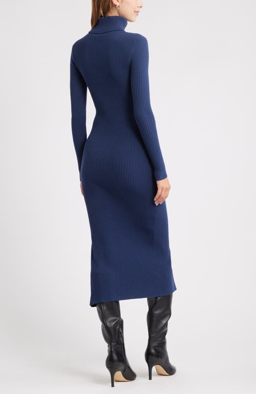 Open Edit Rib Long Sleeve Turtleneck Sweater Dress In Blue