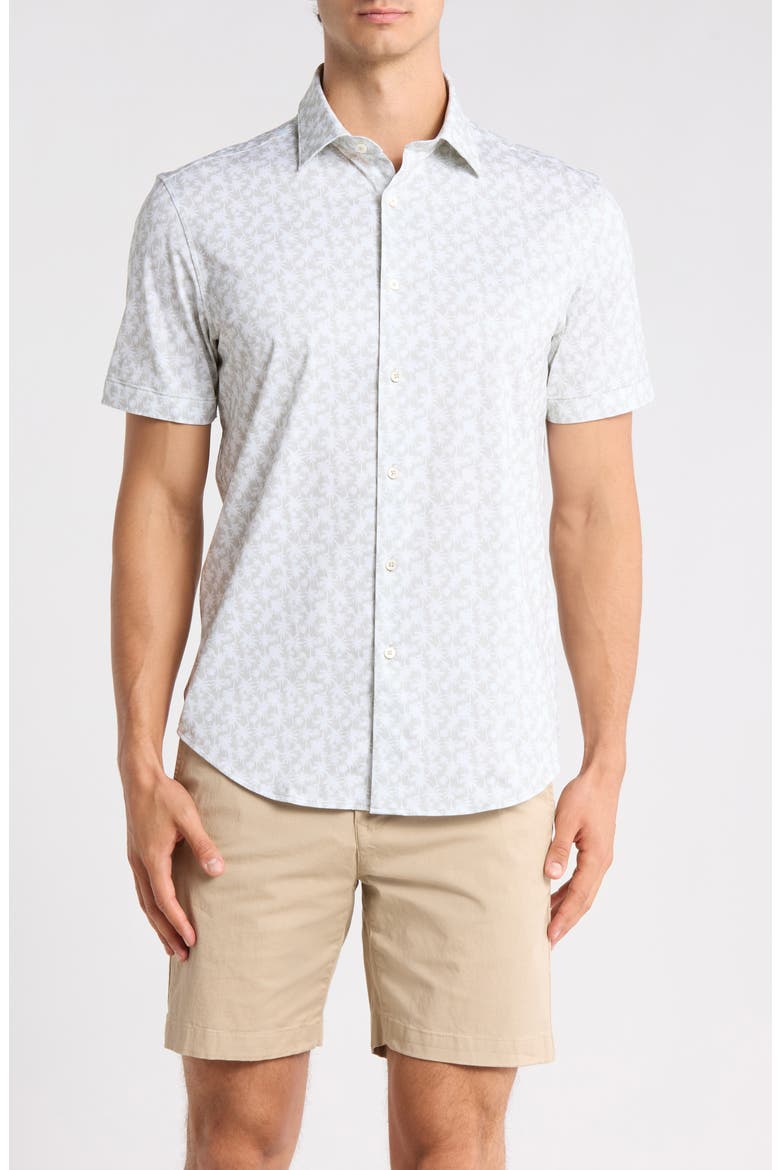 OoohCotton® Palm Tree Print Short Sleeve Button-Up Shirt, Main, color, SAND