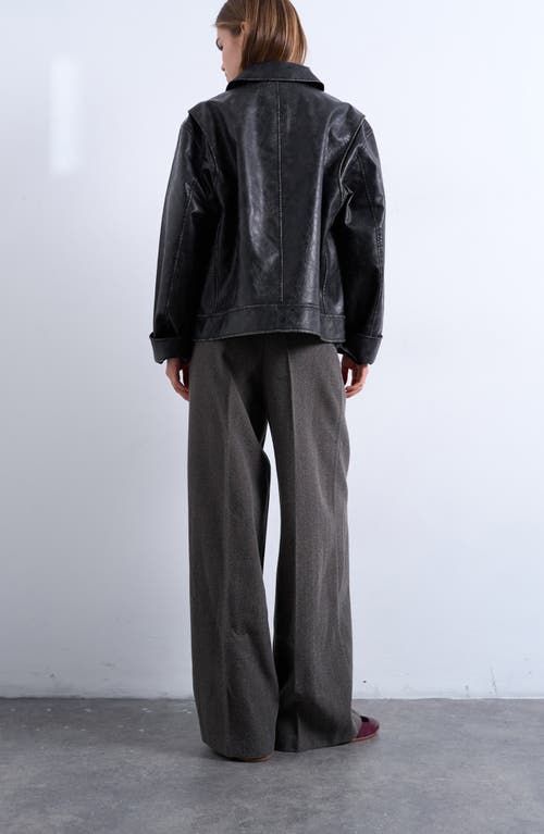 Topshop Herringbone Pleated Wide Leg Pants In Black